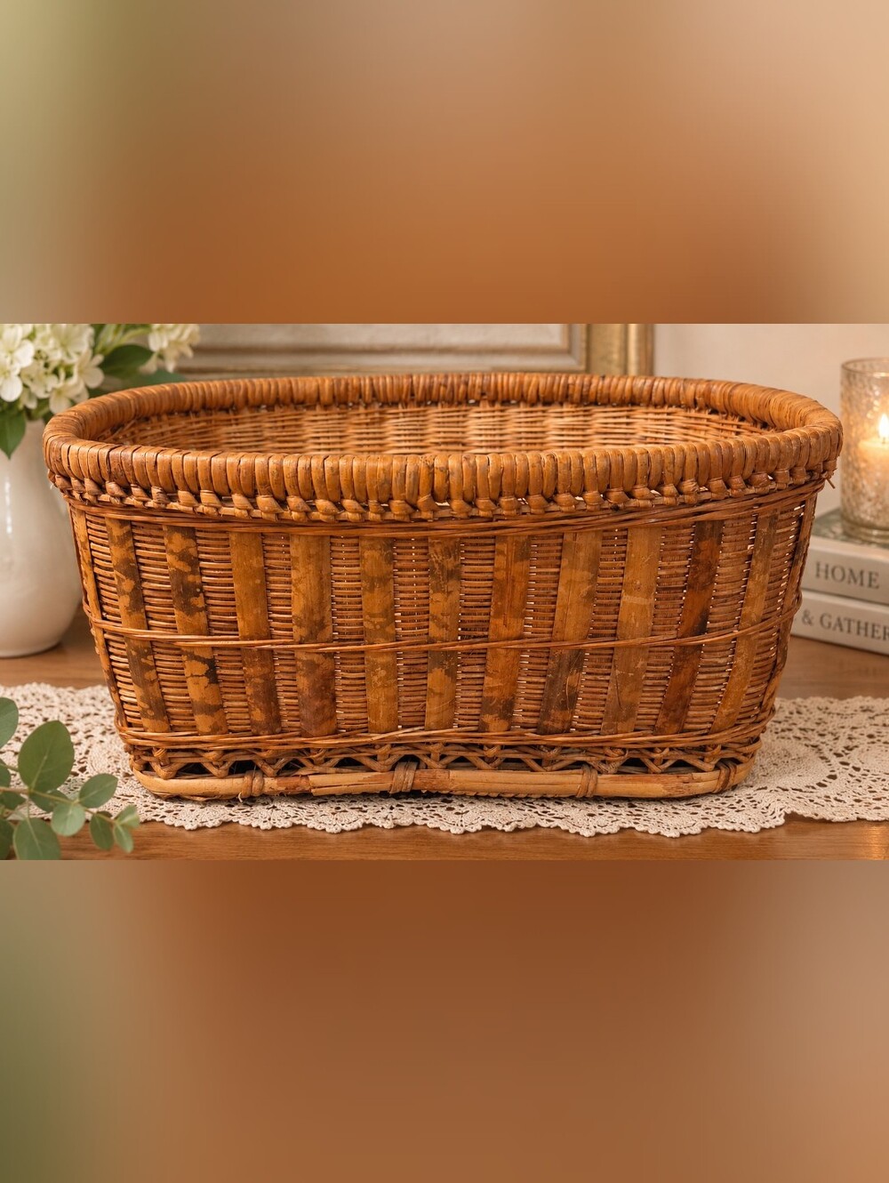 Vintage Handwoven Rattan Cane Woven Wood Storage Basket Rustic Cottage Decor